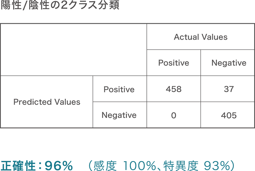 陽性/陰性の2クラス分類 正確性96％
